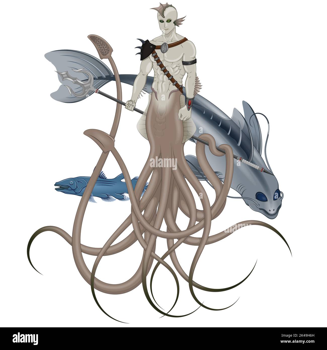 Half man half squid creature vector design, fantasy creature with trident, sea creature with tentacles Stock Vector