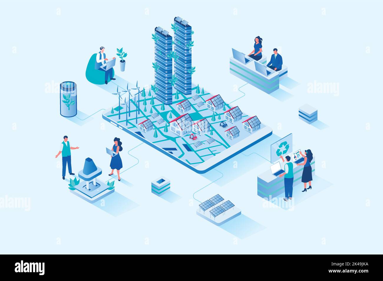 Green city 3d isometric web design. People use alternative energy ...