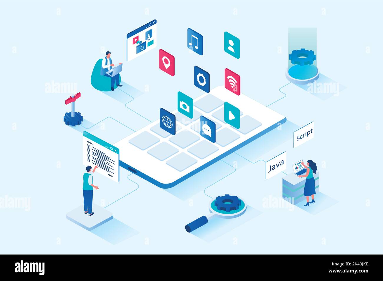 App development 3d isometric web design. People create user interface ...