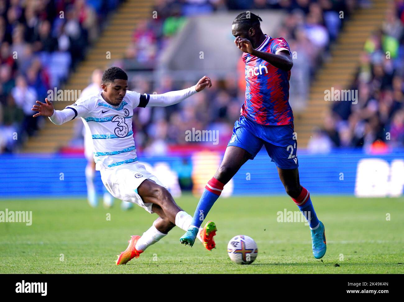 Chelsea's Wesley Fofana (left) and Crystal Palace's Odsonne Edouard battle for the ball during the Premier League match at Selhurst Park, London. Picture date: Saturday October 1, 2022. Stock Photo