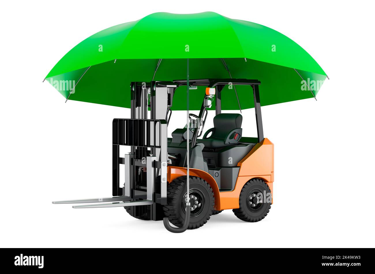 Forklift truck under umbrella. 3D rendering isolated on white