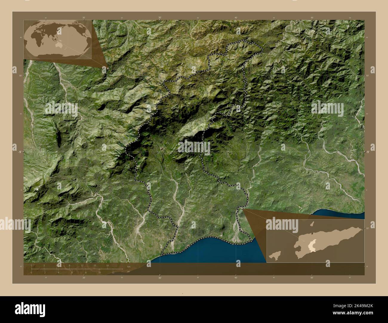 Ainaro, municipality of East Timor. Low resolution satellite map. Corner auxiliary location maps Stock Photo