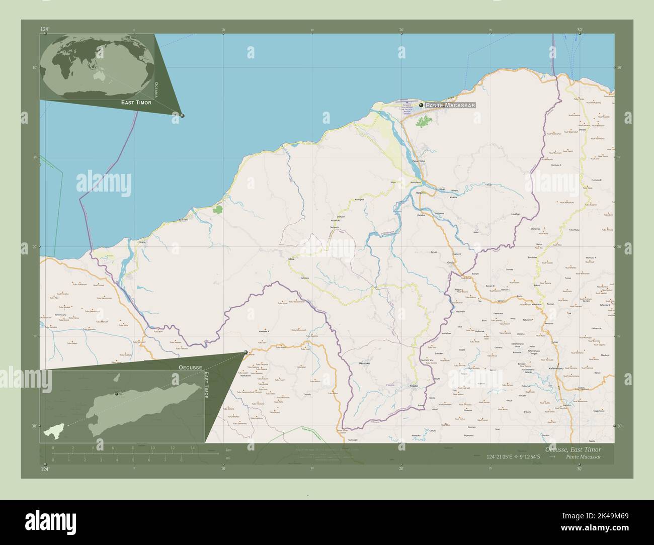 Oecusse, municipality of East Timor. Open Street Map. Locations and names of major cities of the region. Corner auxiliary location maps Stock Photo