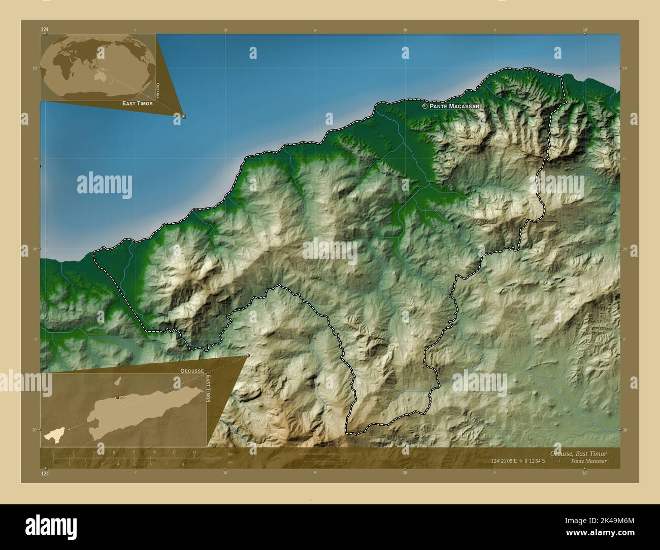 Timor Rivers Oecusse, municipality of East Timor. Colored elevation map with lakes ...
