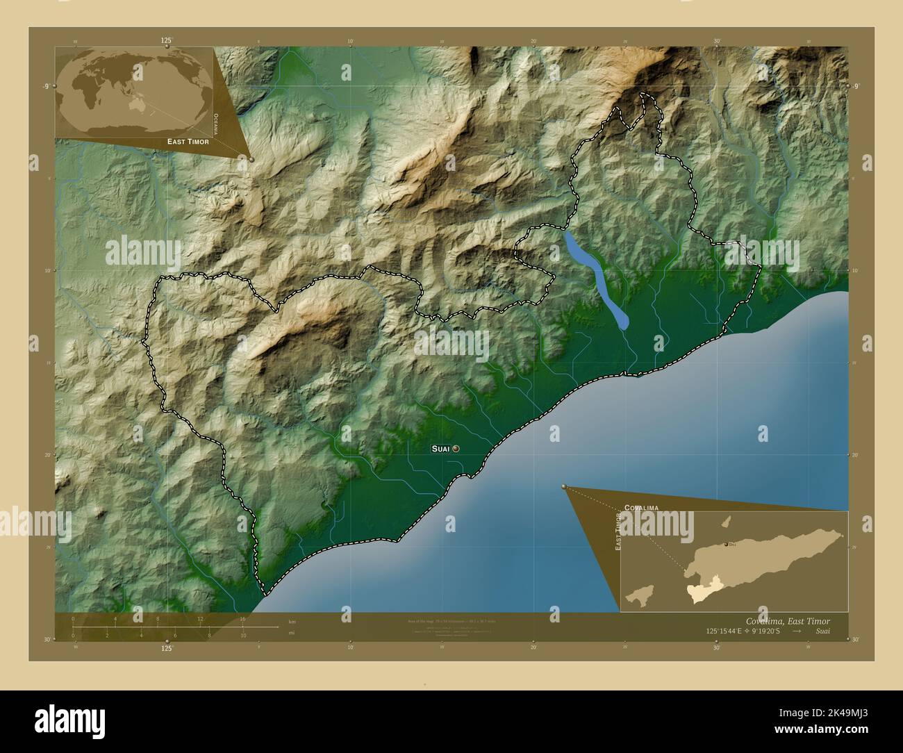 Timor Rivers Covalima, municipality of East Timor. Colored elevation map with lakes ...