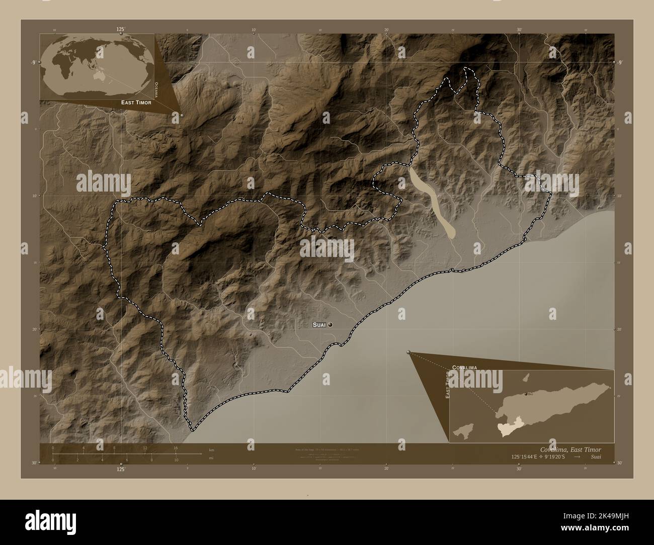 Timor Rivers Covalima, municipality of East Timor. Elevation map colored in sepia ...