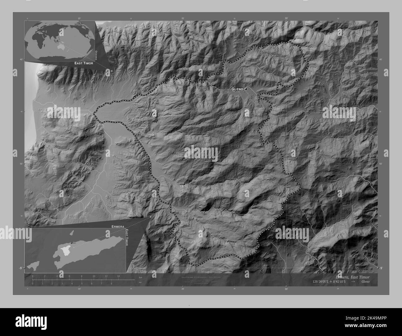 Timor Rivers Ermera, municipality of East Timor. Grayscale elevation map with lakes ...