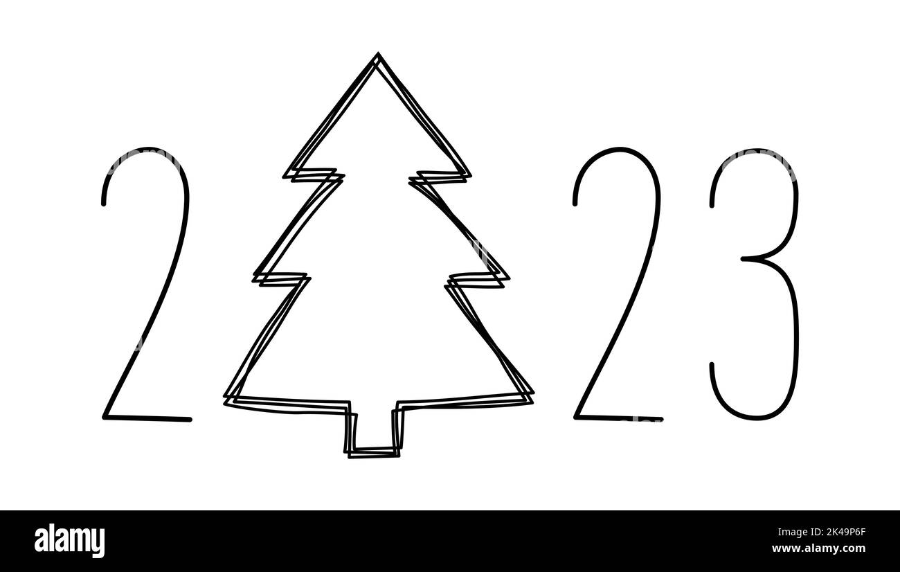 Hand drawn Christmas pine tree with year 2023 numbers with empty scribble circle for your design