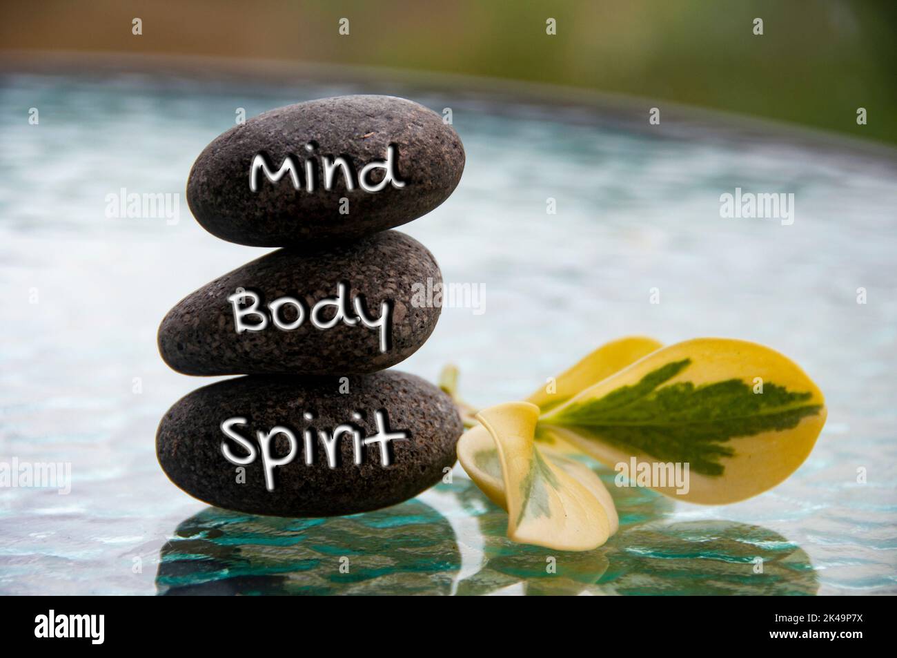 Mind, Body and Soul words engraved on zen stones with space for text