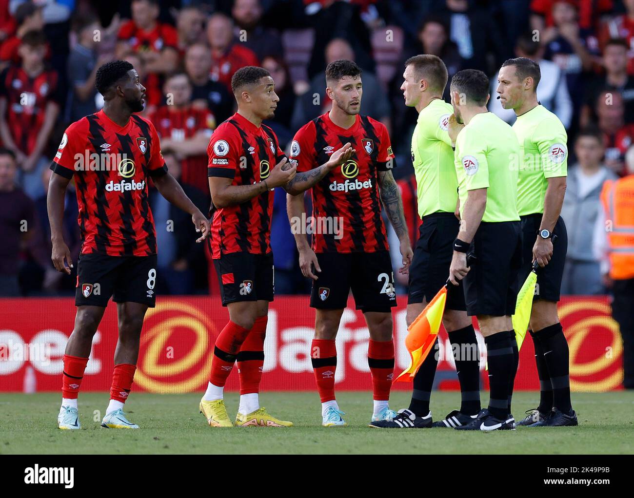 Bournemouth's Jefferson Lerma (left), Marcus Tavernier (centre) and Marcos Senesi speak to referee Thomas Bramall after the Premier League match at the Vitality Stadium, Bournemouth. Picture date: Saturday October 1, 2022. Stock Photo