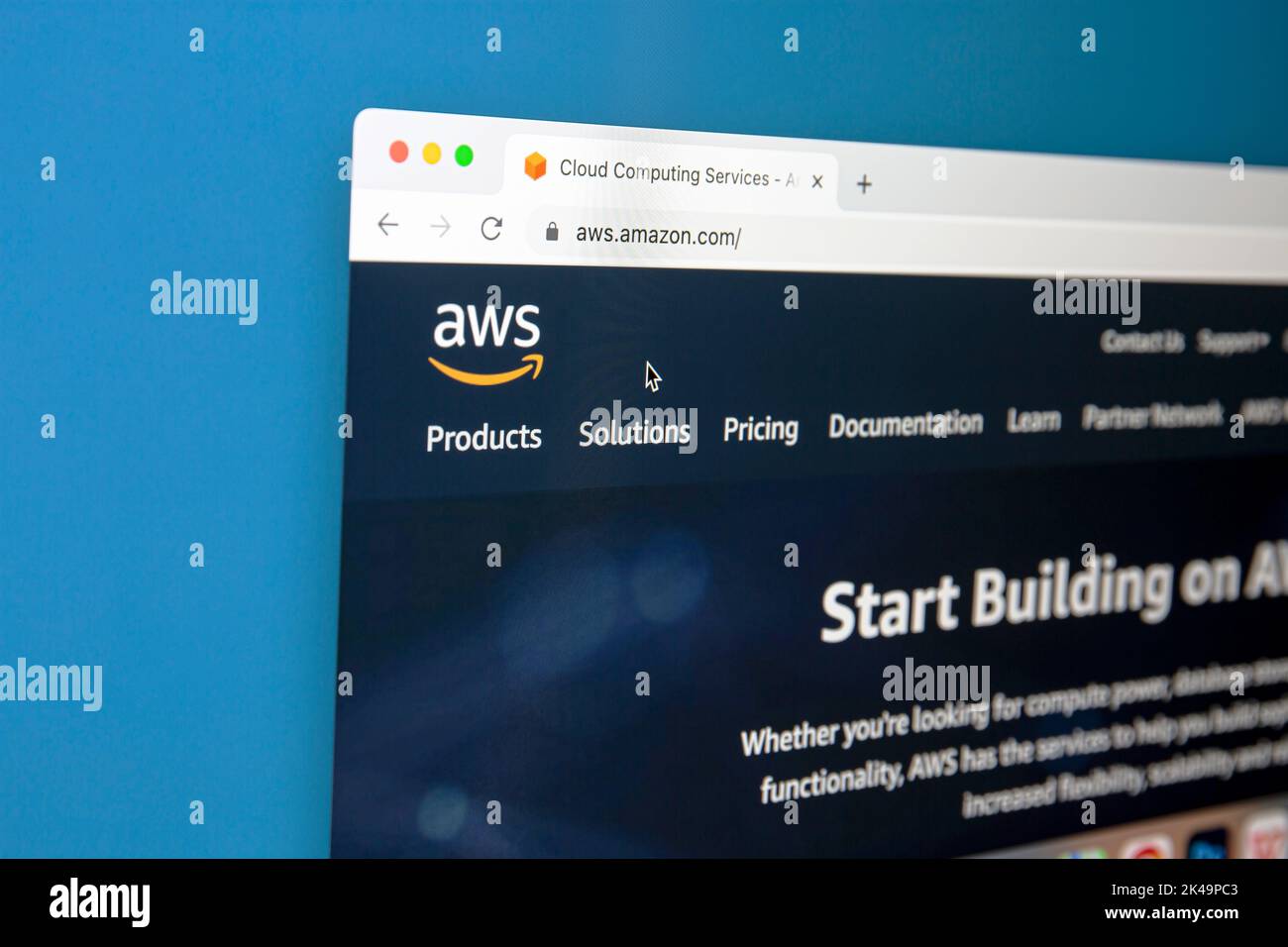 Ostersund, Sweden - July 11, 2022: AWS website on a computer screen. Amazon Web Services is a subsidiary of Amazon that provides on-demand cloud compu Stock Photo