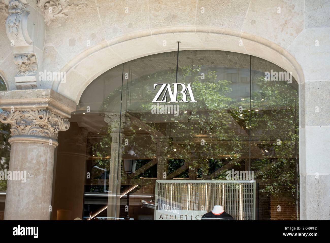 Barcelona, Spain - May 9, 2022: Zara store sign. Zara is an International Fashion Company. Stock Photo