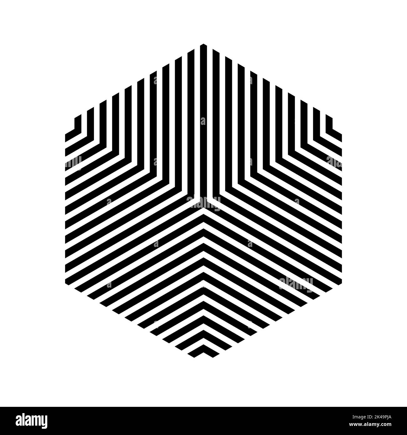 Striped 3D cube optical illusion. Black lines on white cube visual effect. Op art. Striped hexagon geometric shape. Architecture logo template. Vector Stock Vector
