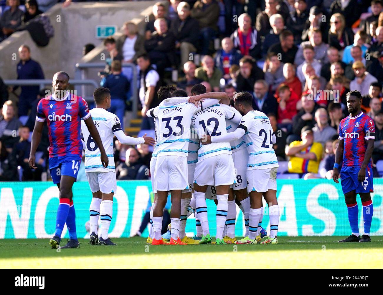 Chelsea players celebrate after team-mate Conor Gallagher scores their side's second goal of the game during the Premier League match at Selhurst Park, London. Picture date: Saturday October 1, 2022. Stock Photo