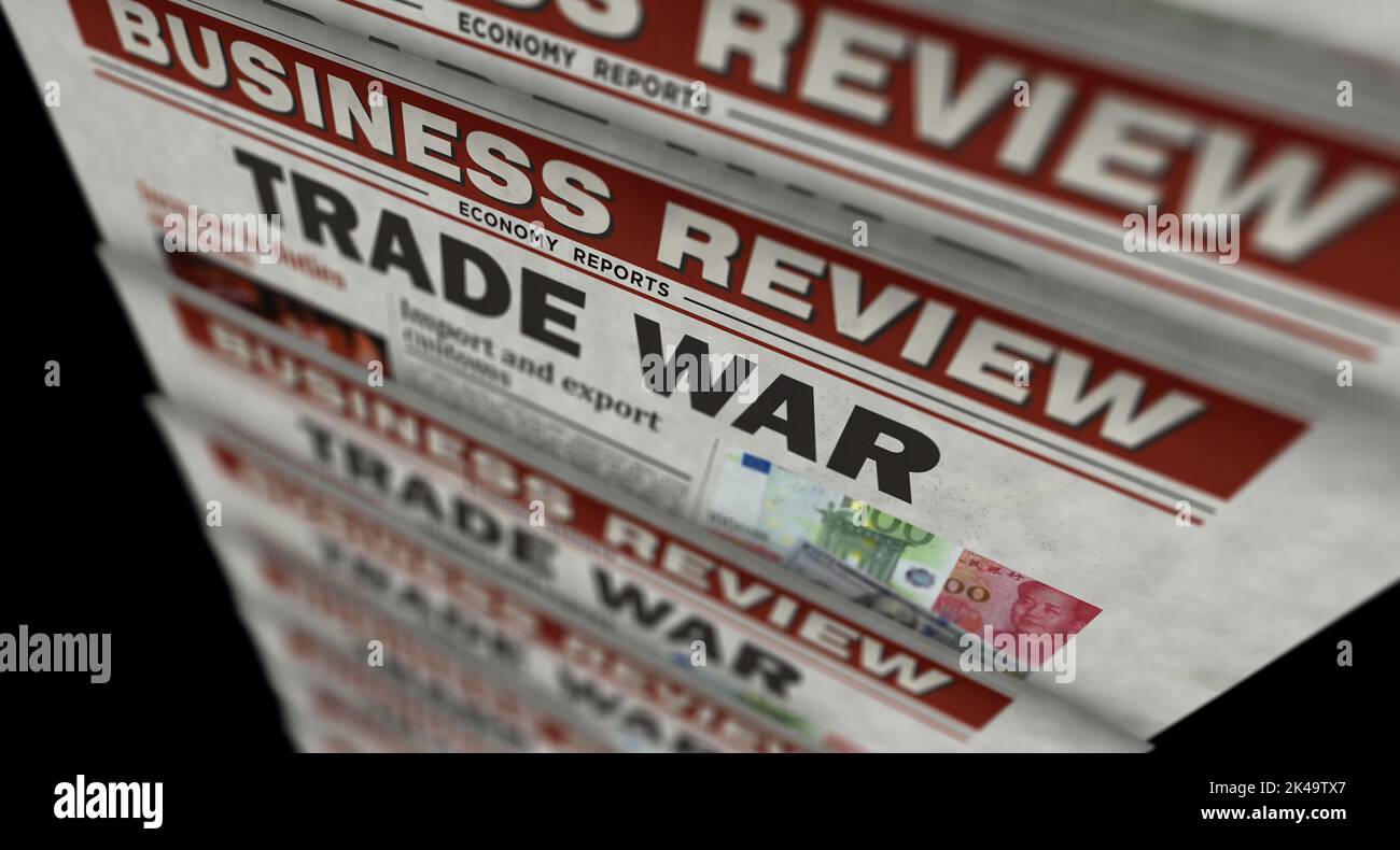 Trade War, economic protectionism and financial conflict. Newspaper print. Vintage press abstract concept. Retro 3d rendering illustration. Stock Photo
