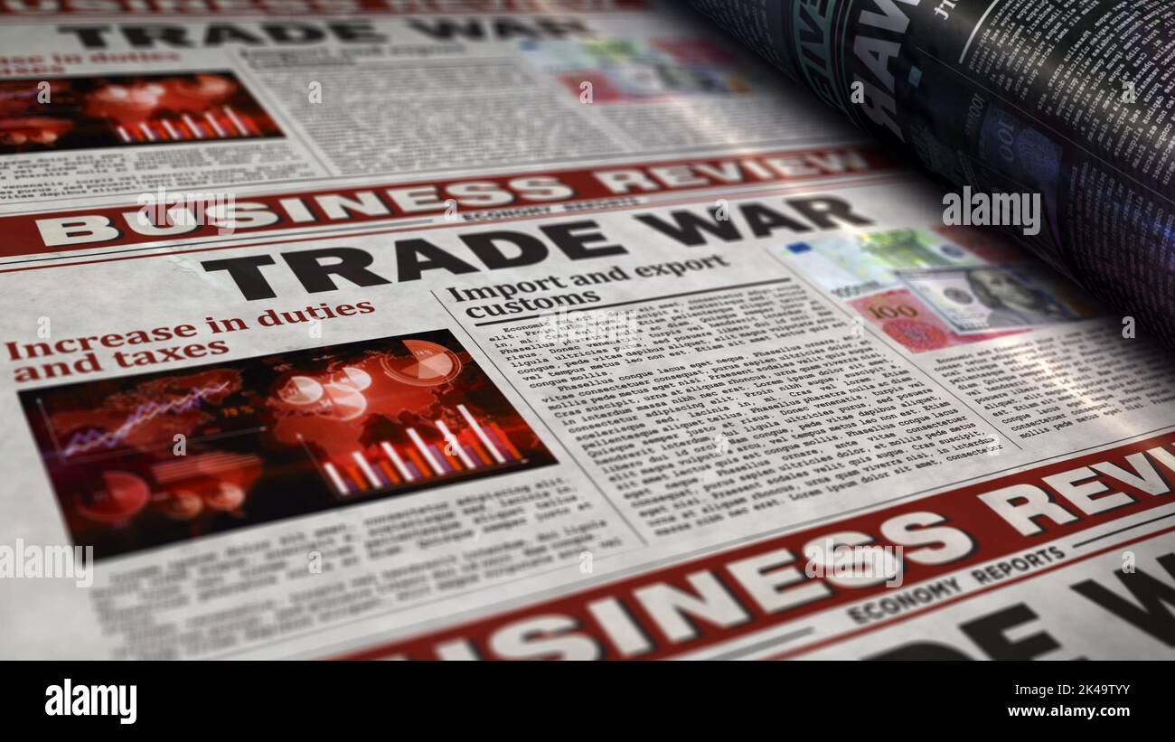 Trade War, economic protectionism and financial conflict. Newspaper print. Vintage press abstract concept. Retro 3d rendering illustration. Stock Photo