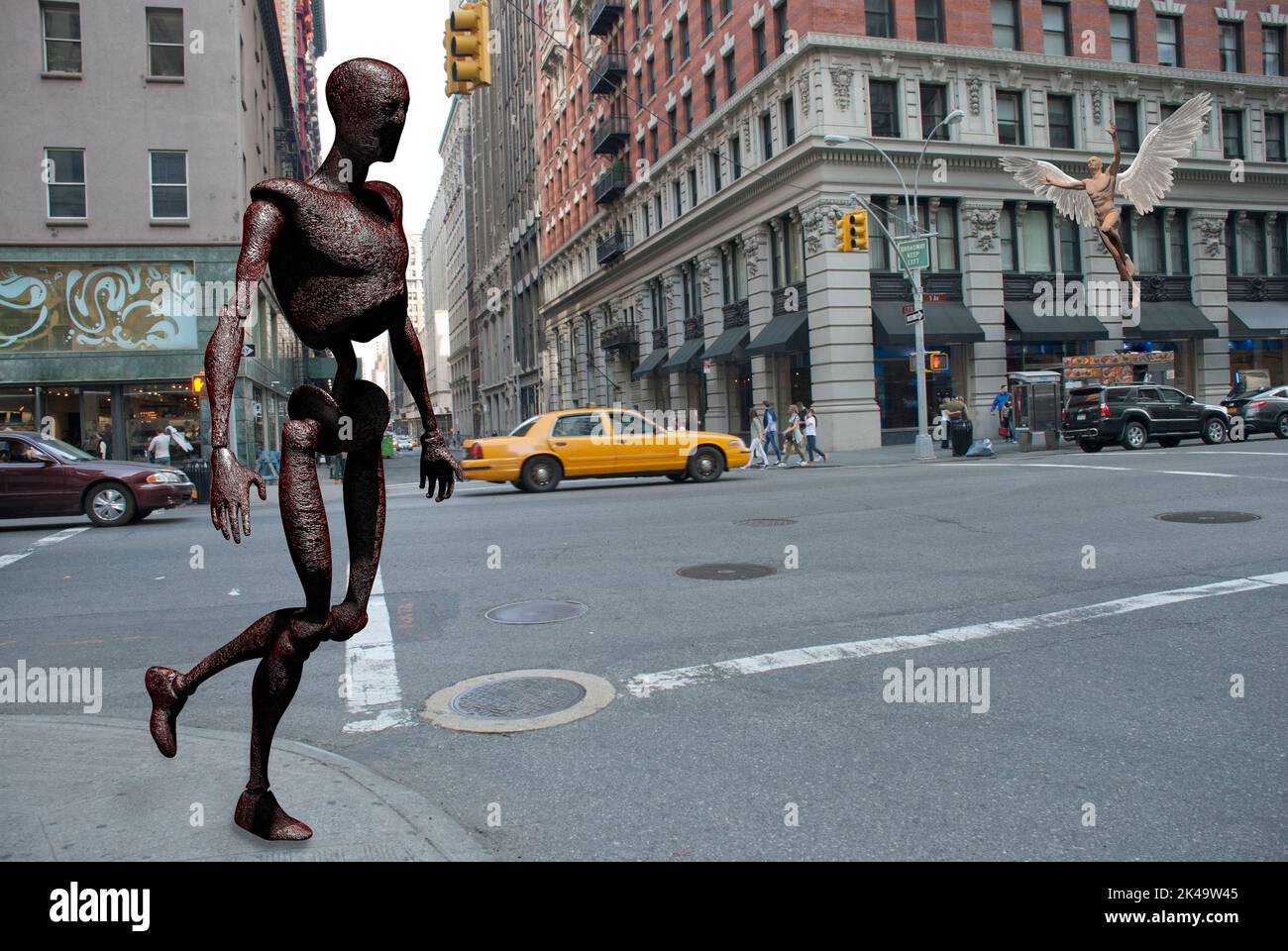 Rusted robot and angel in the street of New York. 3D rendering Stock Photo