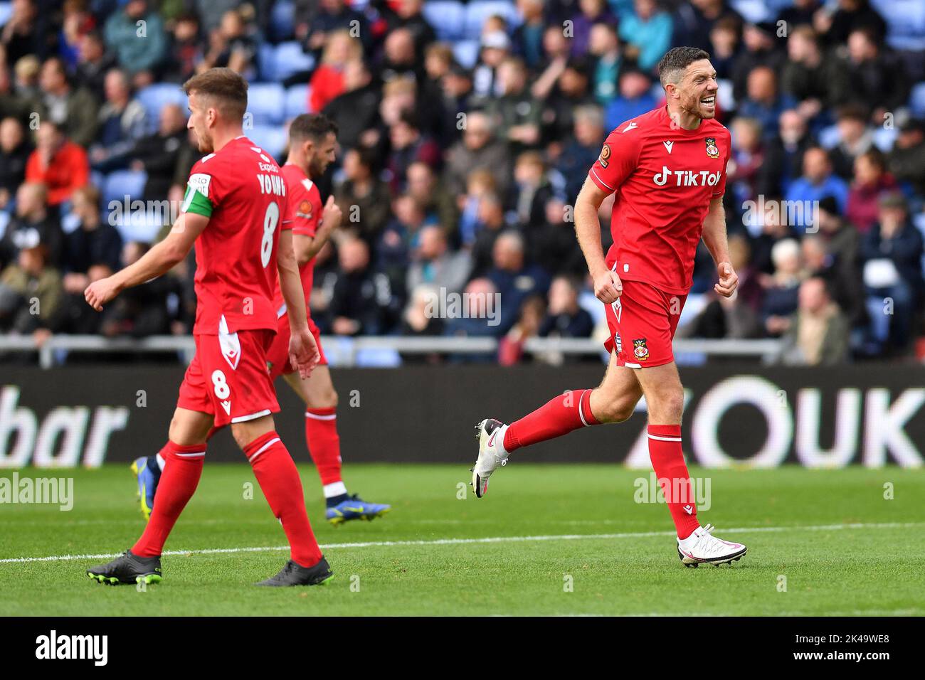 Oldham, UK. 1st October 2022during the Vanarama National League match between Oldham Athletic and Wrexham at Boundary Park, Oldham on Saturday 1st October 2022Ben Tozer of Wrexham Football Club celebrates scoring his side's first goal of the game during the Vanarama National League match between Oldham Athletic and Wrexham at Boundary Park, Oldham on Saturday 1st October 2022. Credit: MI News & Sport /Alamy Live News Stock Photo