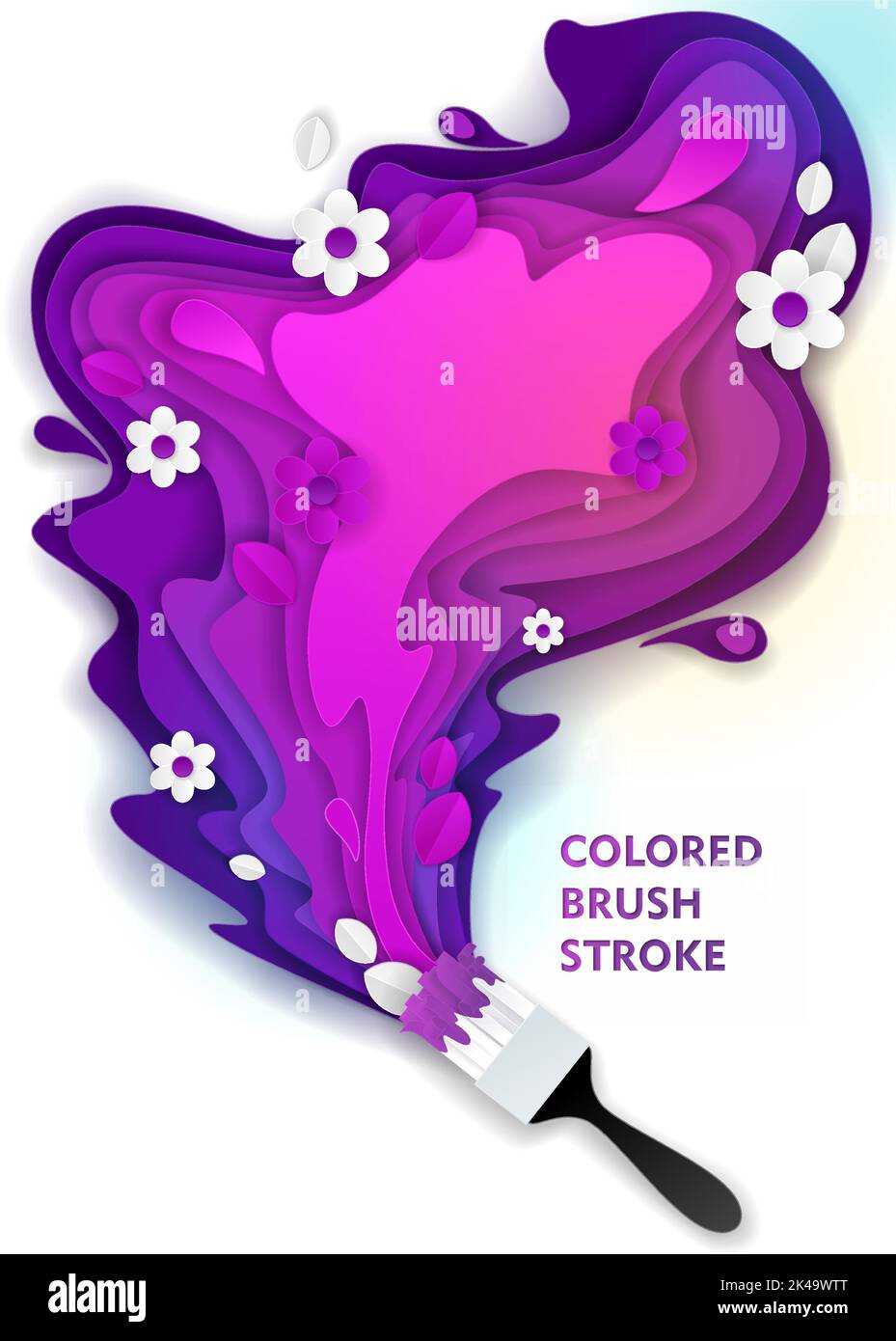 Paintbrush and colored paint brush stroke. Vector paper cut illustration. Pink, purple, violet color paint layers. Stock Vector