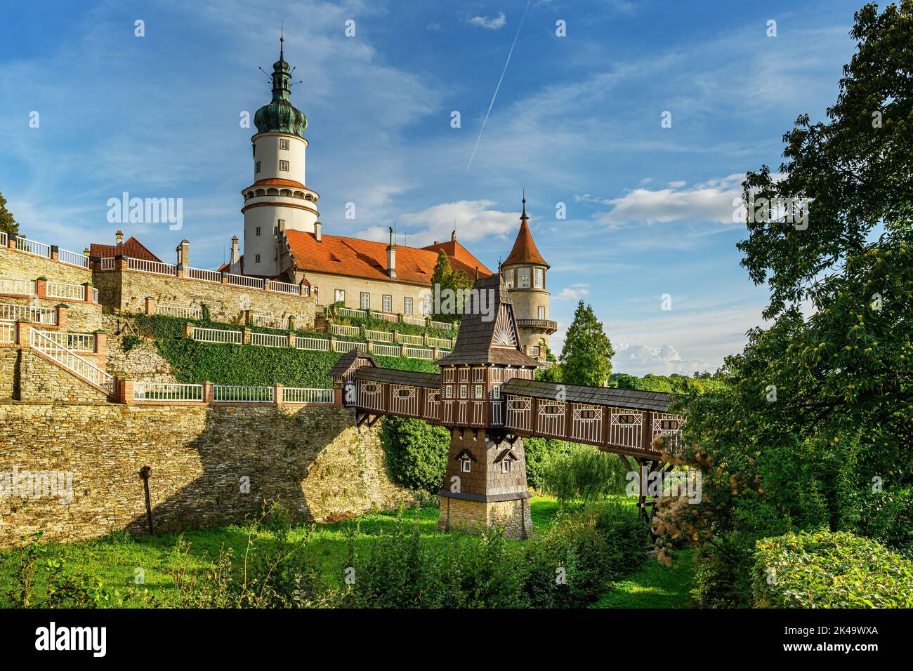 Amazing castle of Nove Mesto nad Metuji with wonderful covered wooden bridge by Dusan Jurkovic Stock Photo