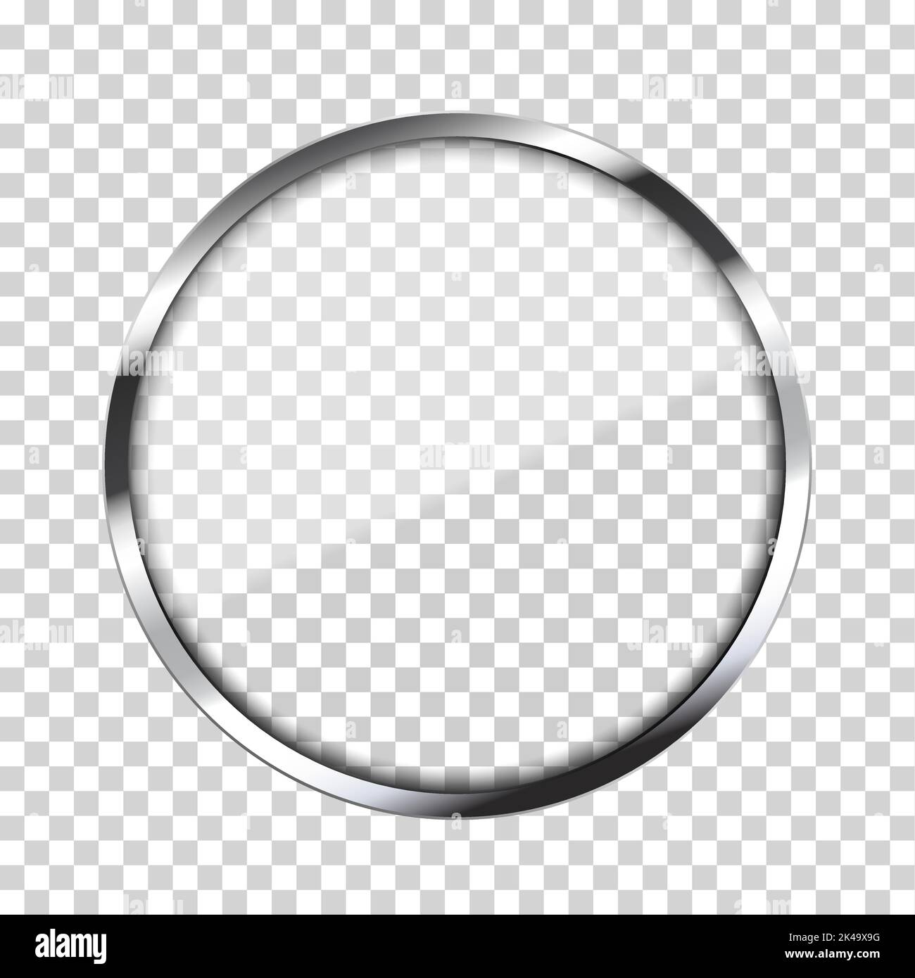 Realistic round metal frame with reflections, shadow and cover glass. Chrome or silver material - vector Stock Vector