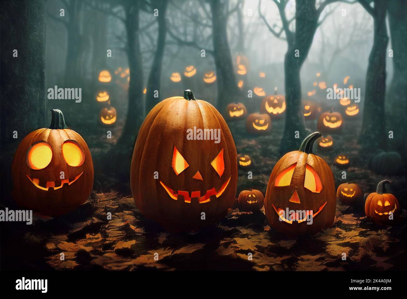 Halloween pumpkins with scary smiles and glowing eyes in misty forest at night. Digital illustration Stock Photo