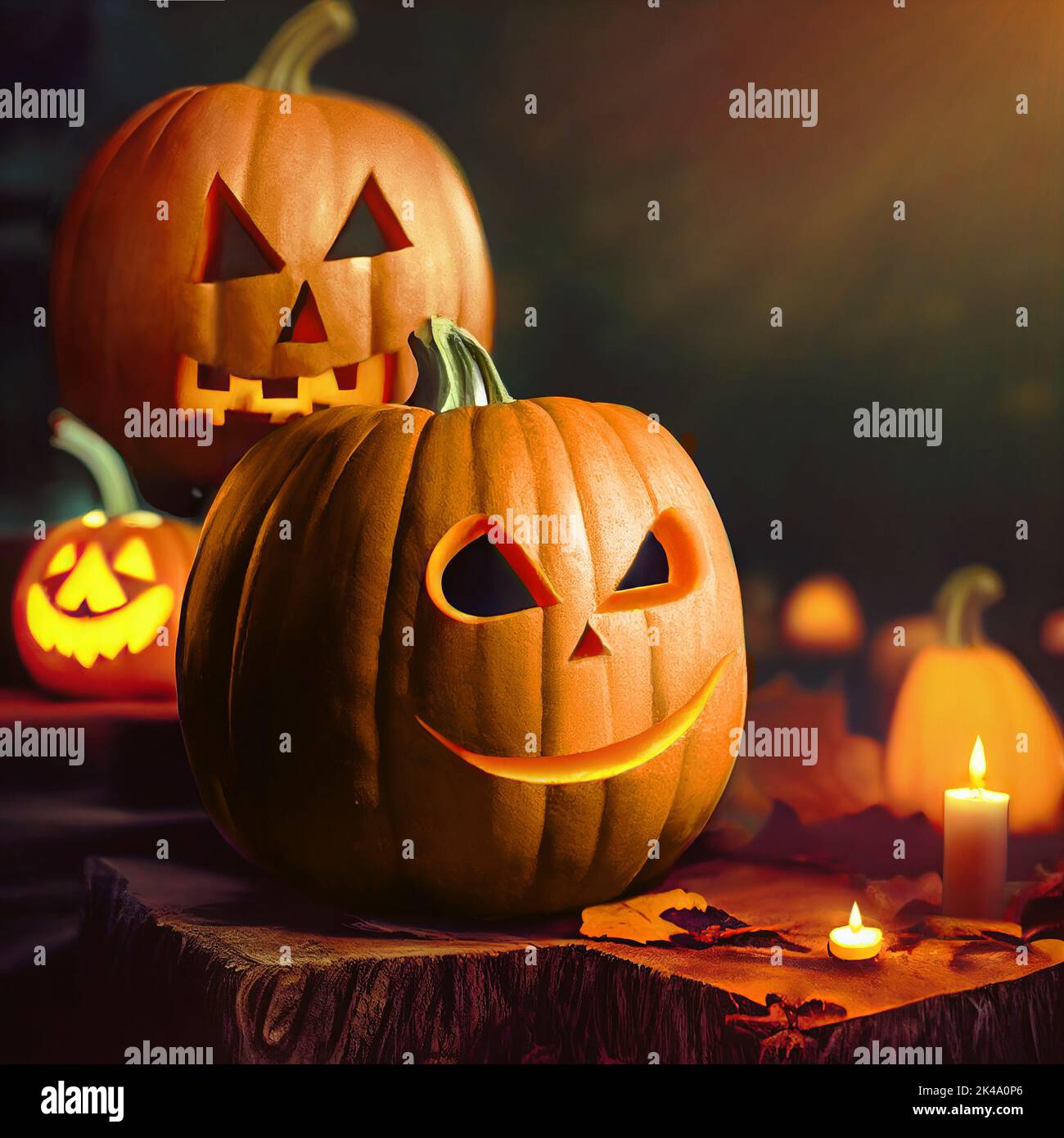 Halloween pumpkins on a table with candles over dark background with copy space. 3D digital illustration Stock Photo