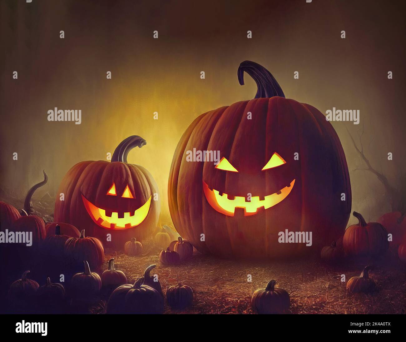 Two scary Halloween pumpkins with evil grins in a field. Digital illustration with copy space Stock Photo