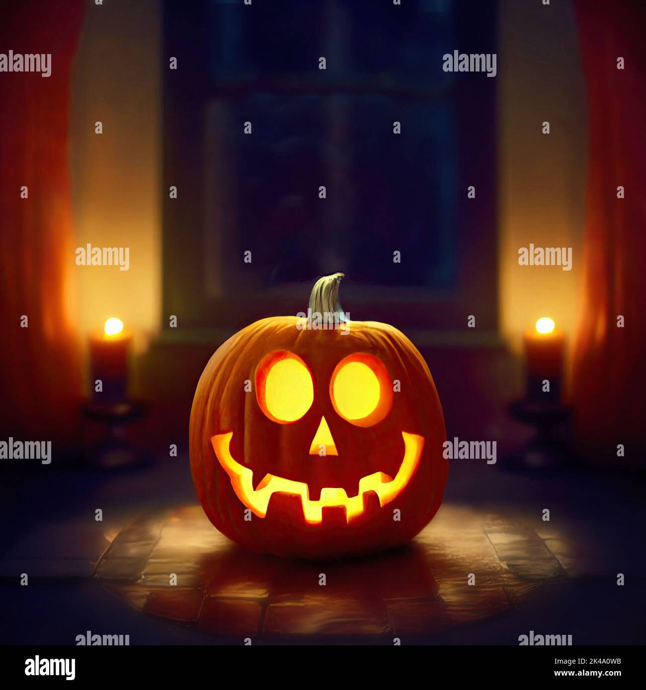 Smiling Halloween pumpkin with glowing eyes on a table in a dark room lit with candles. Digital illustration with copy space Stock Photo