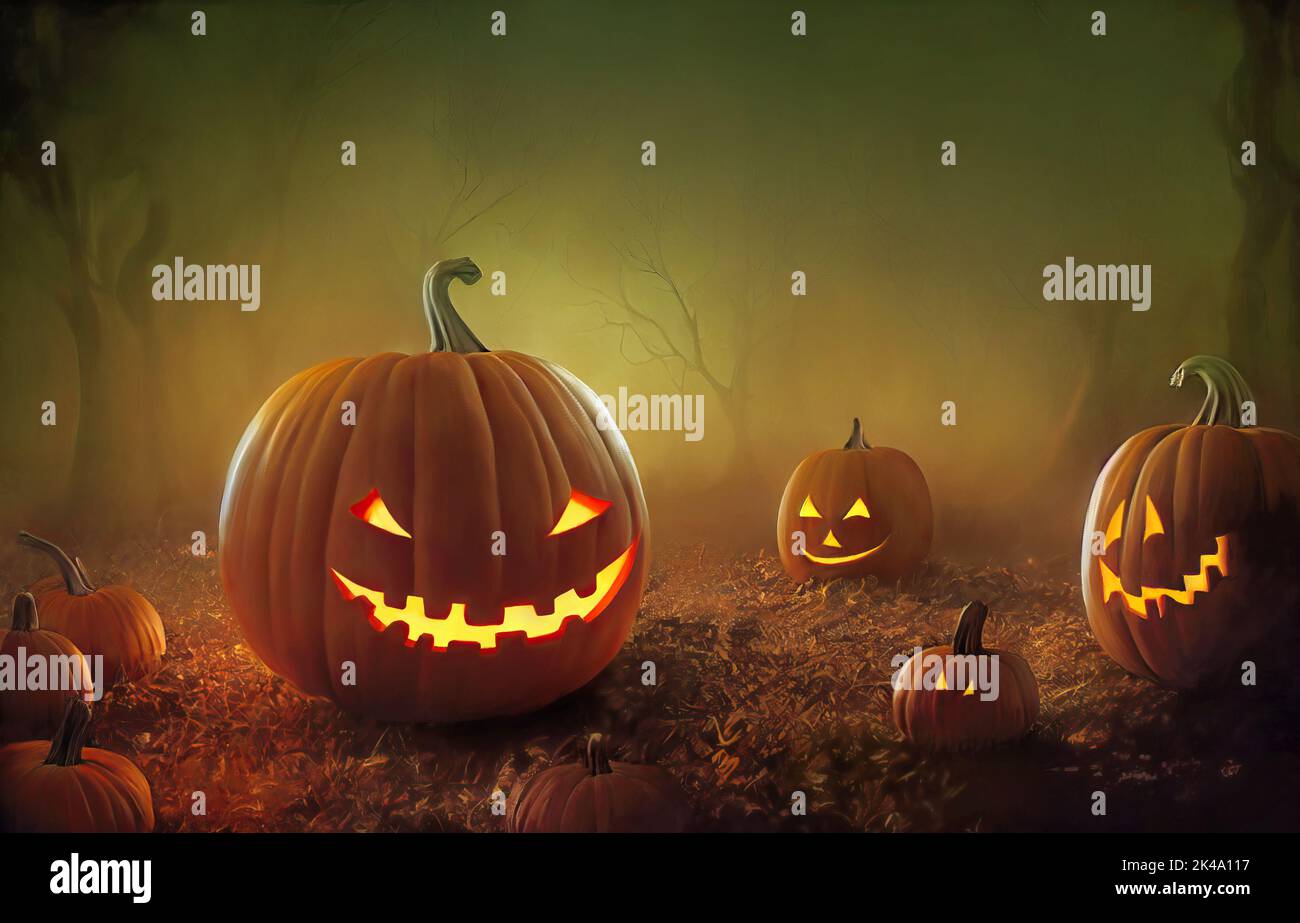 Halloween pumpkins with glowing eyes in a field at night, spooky Halloween scene with copy space. 3D digital illustration Stock Photo