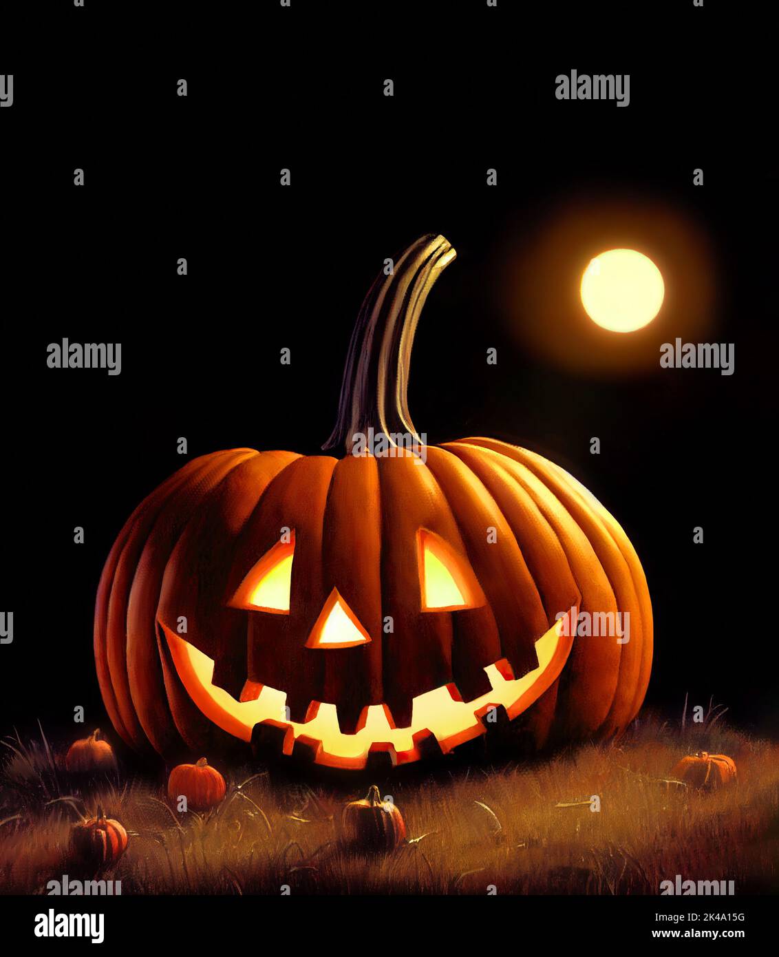 One huge Halloween pumpkin with glowing eyes smiling in a field at night under full moon. Digital illustration with copy space Stock Photo