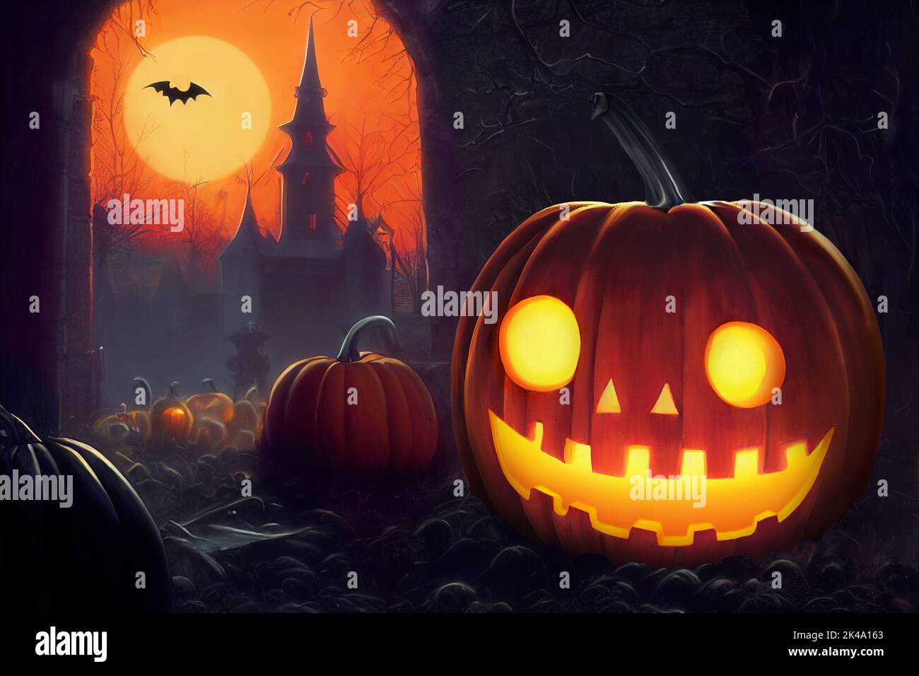 Halloween pumpkin with smiling spooky face against night landscape. Digital illustration Stock Photo