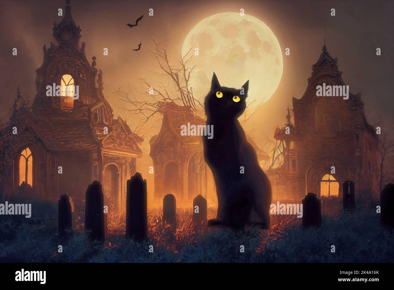 Black cat silhouette against full moon, spooky cemetery and ruins at Halloween night. Digital illustration Stock Photo