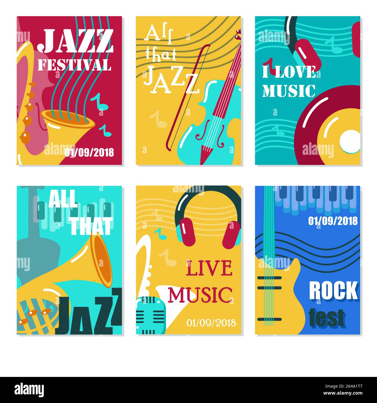 Jazz festival, live music concert poster, flyer, card template set. Vector flat illustration of musical instruments, music notes and accessories. Stock Vector