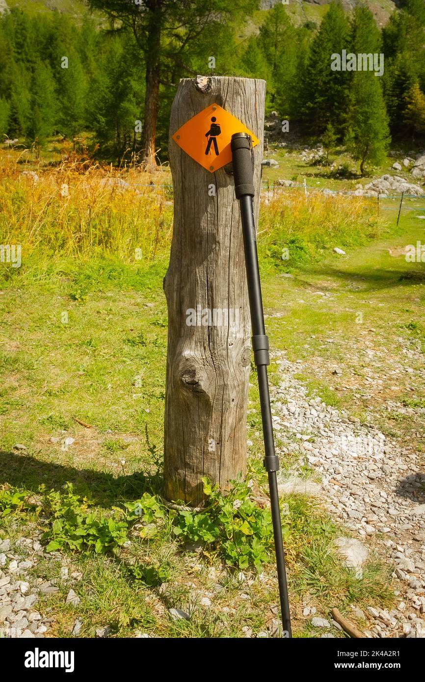 wooden pole with trekking pole in an alpine valley in summer Stock ...
