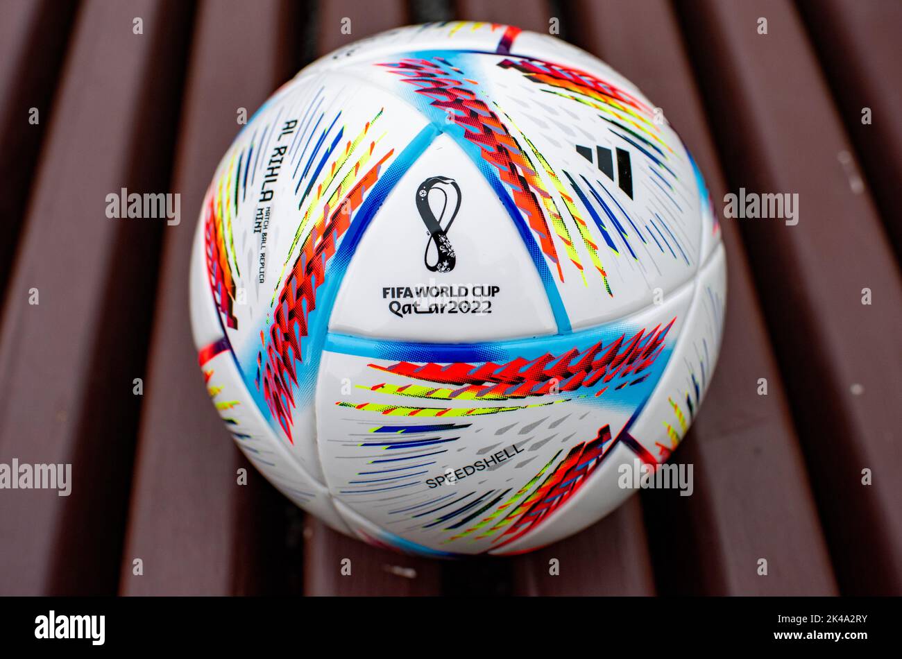 September 25, 2022, Doha, Qatar, The official ball of the 2022 FIFA World Cup Adidas Al Rihla. Stock Photo
