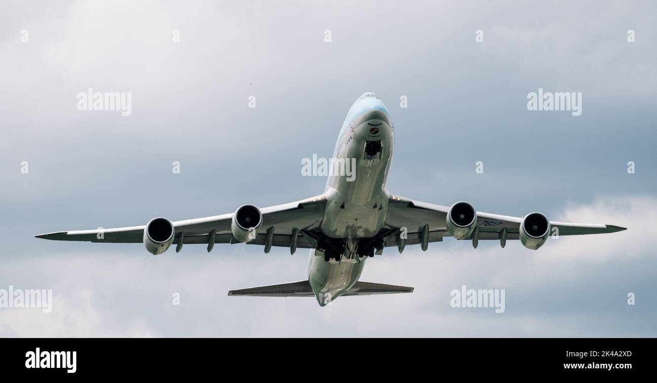 July 13, 2019 Moscow, Russia. A Korean Air Boeing 747 cargo plane comes in for landing at Sheremetyevo International Airport on a cloudy day. Stock Photo