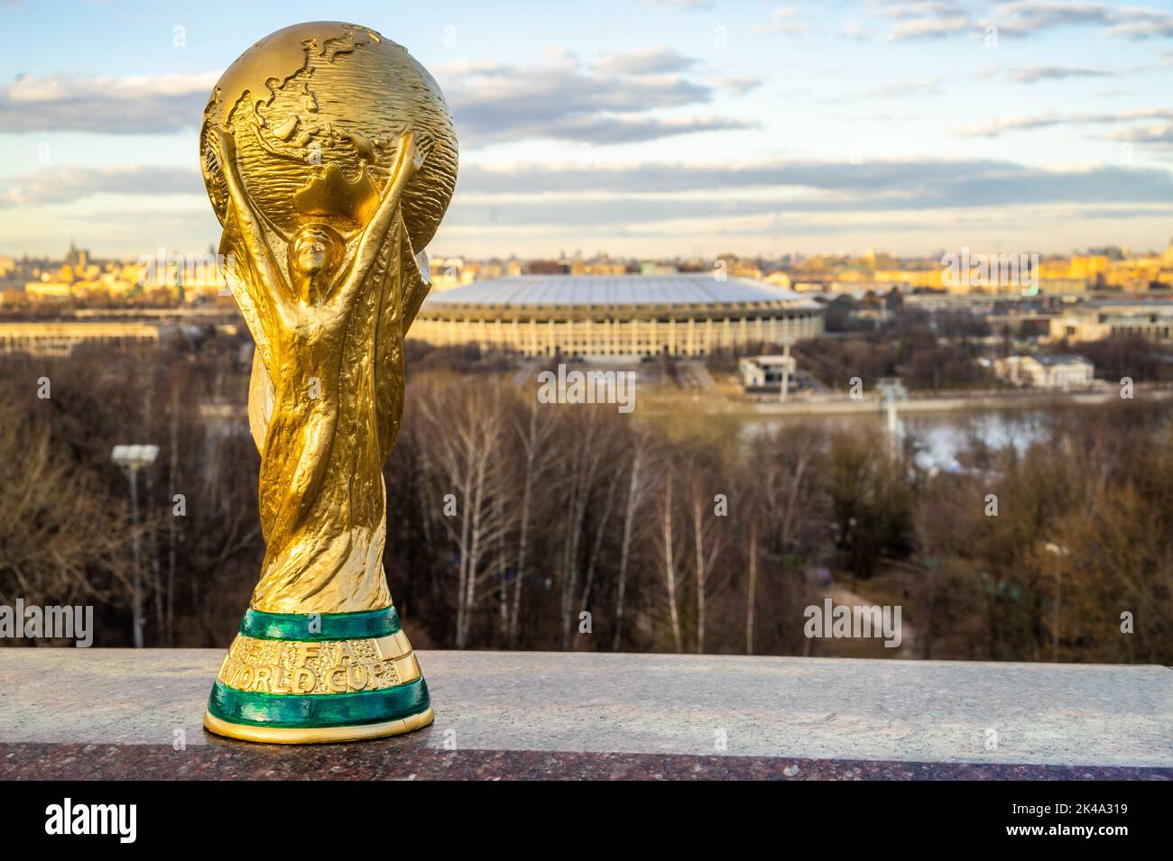 April 13, 2018, Moscow, Russia. FIFA World Cup on the background of the Luzhniki Stadium. Stock Photo
