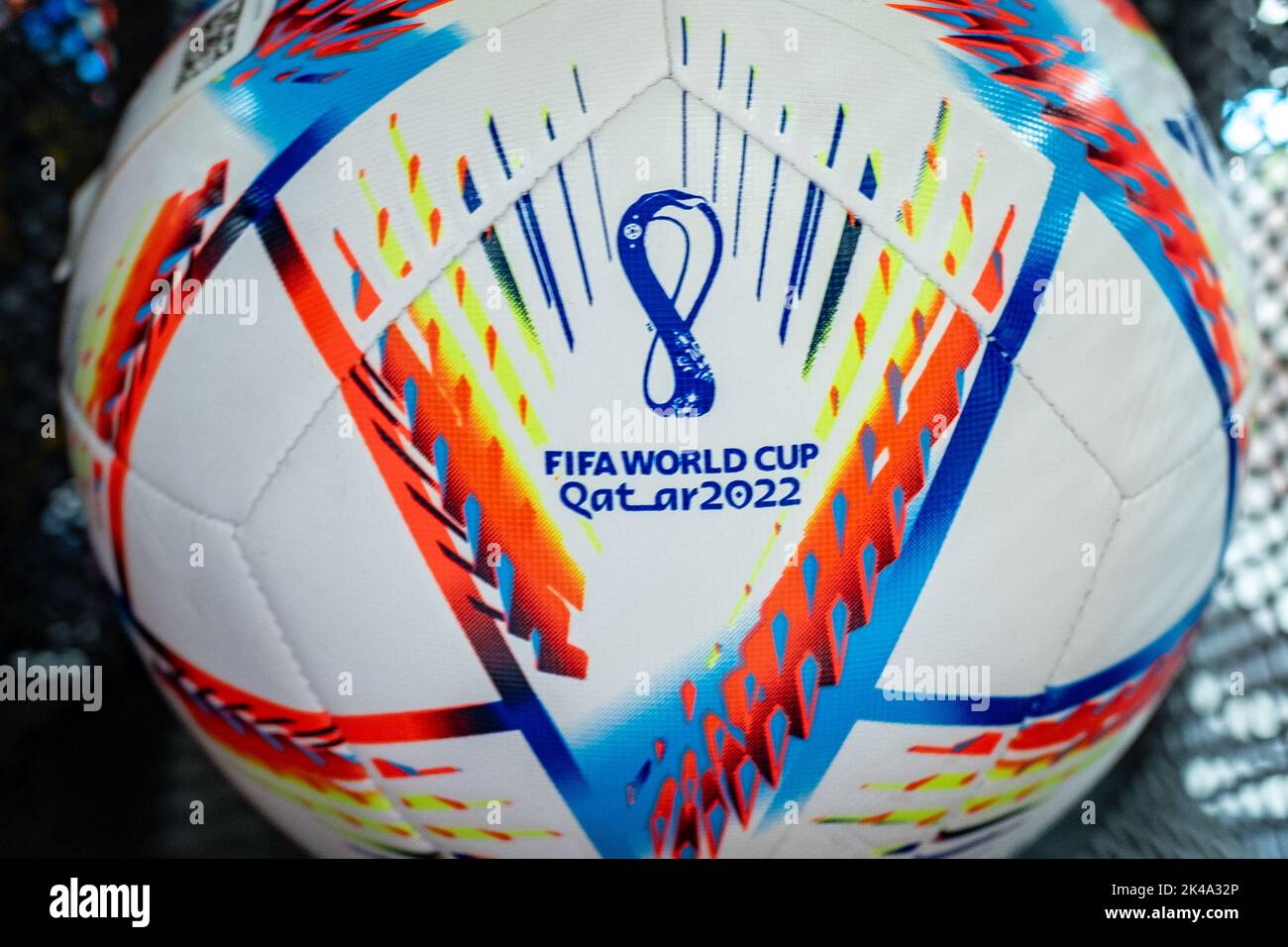 September 2, 2022, Doha, Qatar, The official ball of the FIFA World Cup 2022 ADIDAS WC22 Rihla PRO in the sports store. Stock Photo