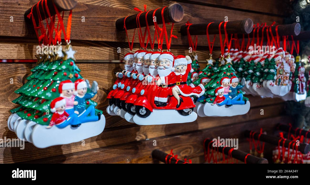 Christmas ceramic toys, hand-painted on the store counter. Stock Photo