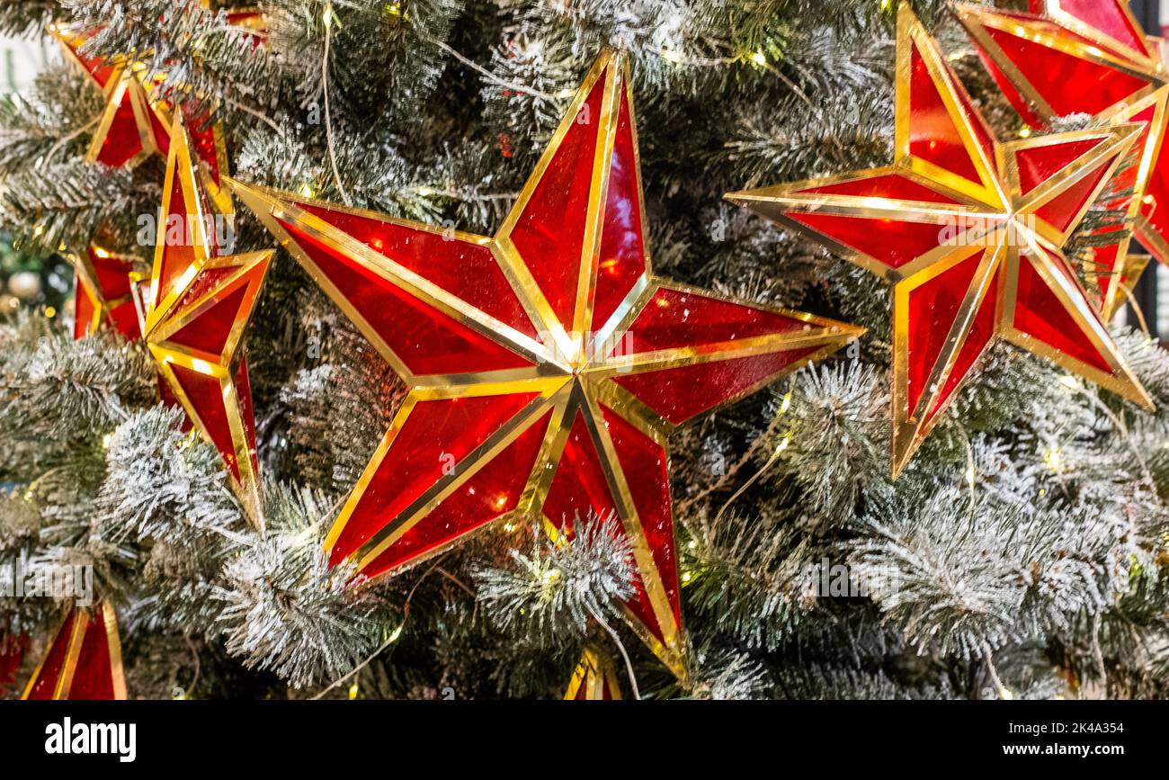 Big red five-pointed stars on the Christmas tree. Stock Photo