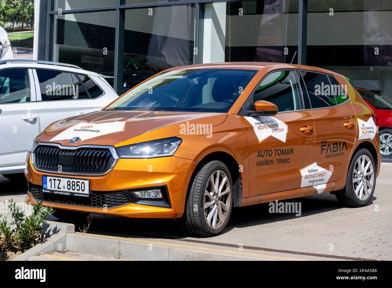 HAVIROV, CZECH REPUBLIC - SEPTEMBER 2, 2022: Skoda Fabia IV vehicle in front of a dealership ready for test drive Stock Photo