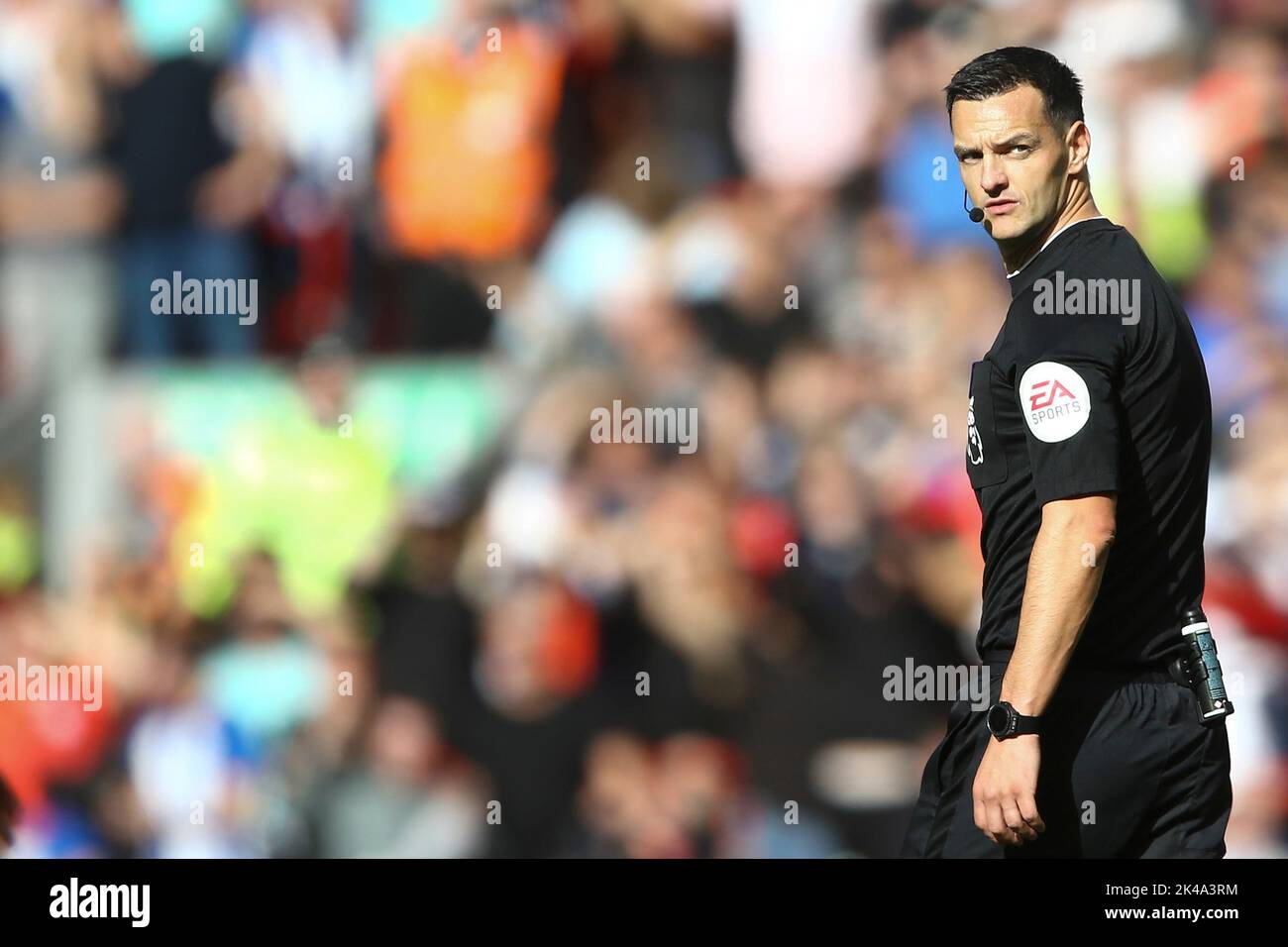 Liverpool, UK. 01st Oct, 2022. Referee Andy Madley looks on. Premier League match, Liverpool v Brighton & Hove Albion at Anfield in Liverpool on Saturday 1st October 2022. this image may only be used for Editorial purposes. Editorial use only, license required for commercial use. No use in betting, games or a single club/league/player publications. pic by Chris Stading/Andrew Orchard sports photography/Alamy Live news Credit: Andrew Orchard sports photography/Alamy Live News Stock Photo