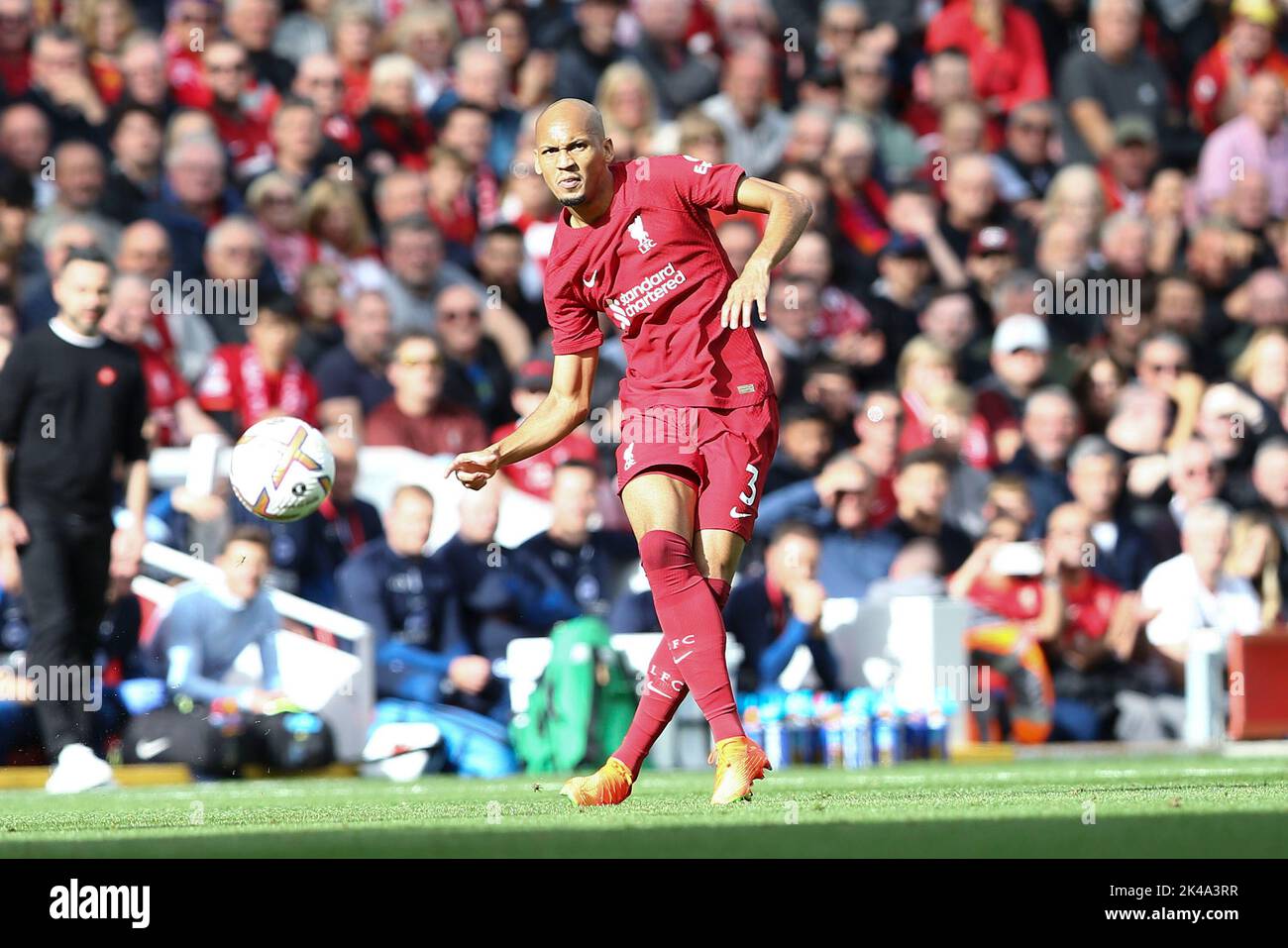 Liverpool, UK. 01st Oct, 2022. Fabinho of Liverpoolin action. Premier League match, Liverpool v Brighton & Hove Albion at Anfield in Liverpool on Saturday 1st October 2022. this image may only be used for Editorial purposes. Editorial use only, license required for commercial use. No use in betting, games or a single club/league/player publications. pic by Chris Stading/Andrew Orchard sports photography/Alamy Live news Credit: Andrew Orchard sports photography/Alamy Live News Stock Photo