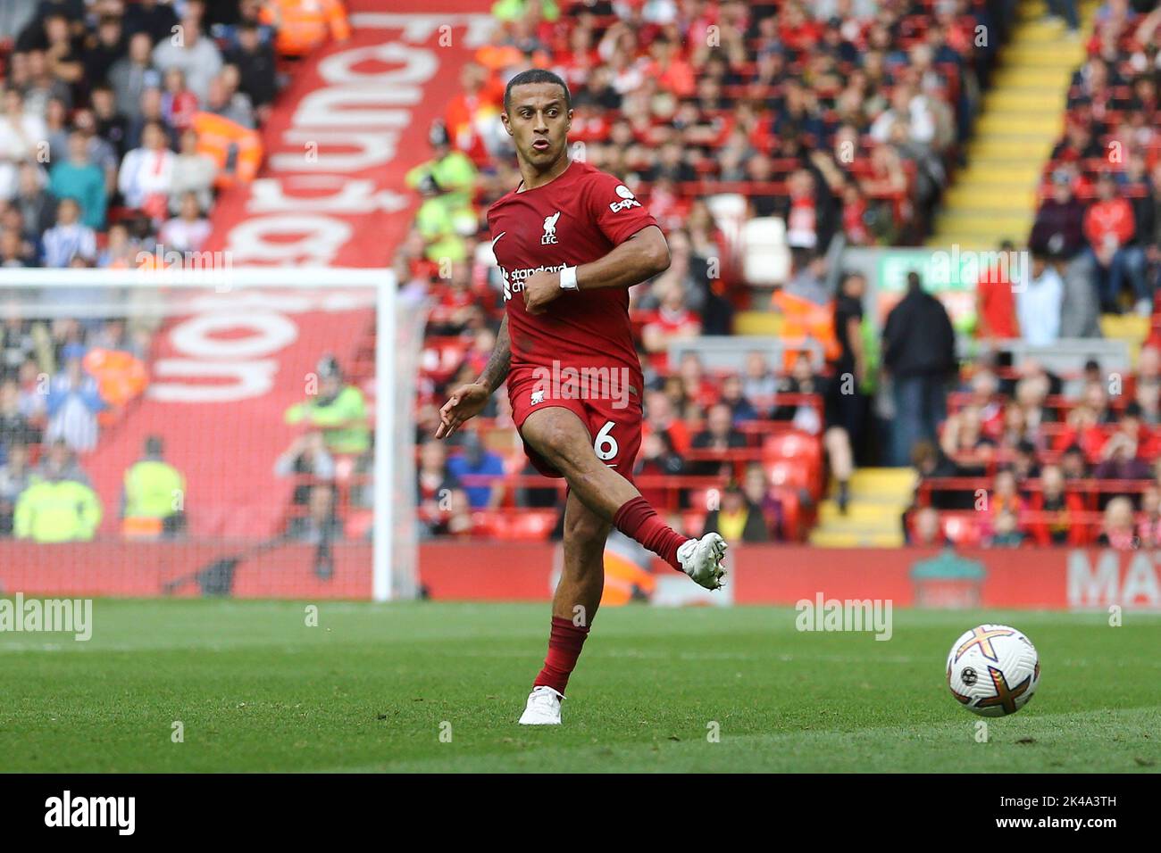 Liverpool, UK. 01st Oct, 2022. Thiago Alcantara of Liverpool in action. Premier League match, Liverpool v Brighton & Hove Albion at Anfield in Liverpool on Saturday 1st October 2022. this image may only be used for Editorial purposes. Editorial use only, license required for commercial use. No use in betting, games or a single club/league/player publications. pic by Chris Stading/Andrew Orchard sports photography/Alamy Live news Credit: Andrew Orchard sports photography/Alamy Live News Stock Photo