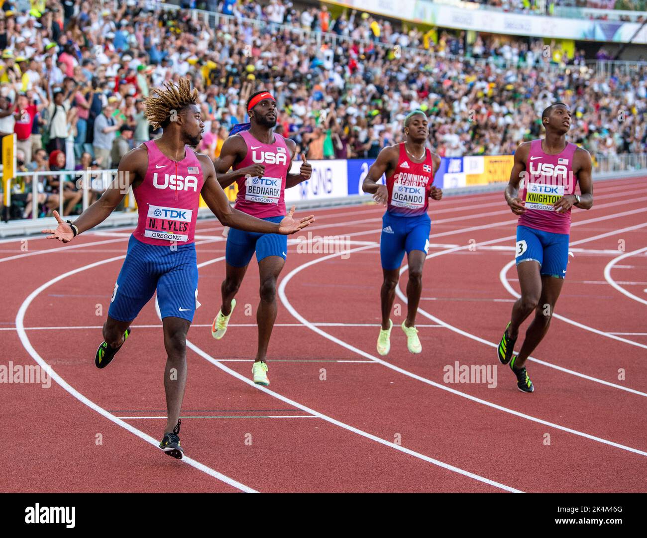 Noah Lyles, Bednarek and Erriyon Knighton of the USA competing