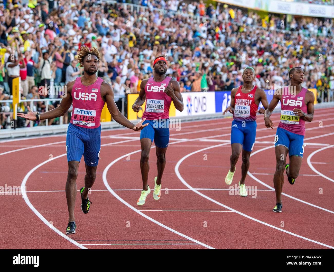 Noah Lyles, Bednarek and Erriyon Knighton of the USA competing