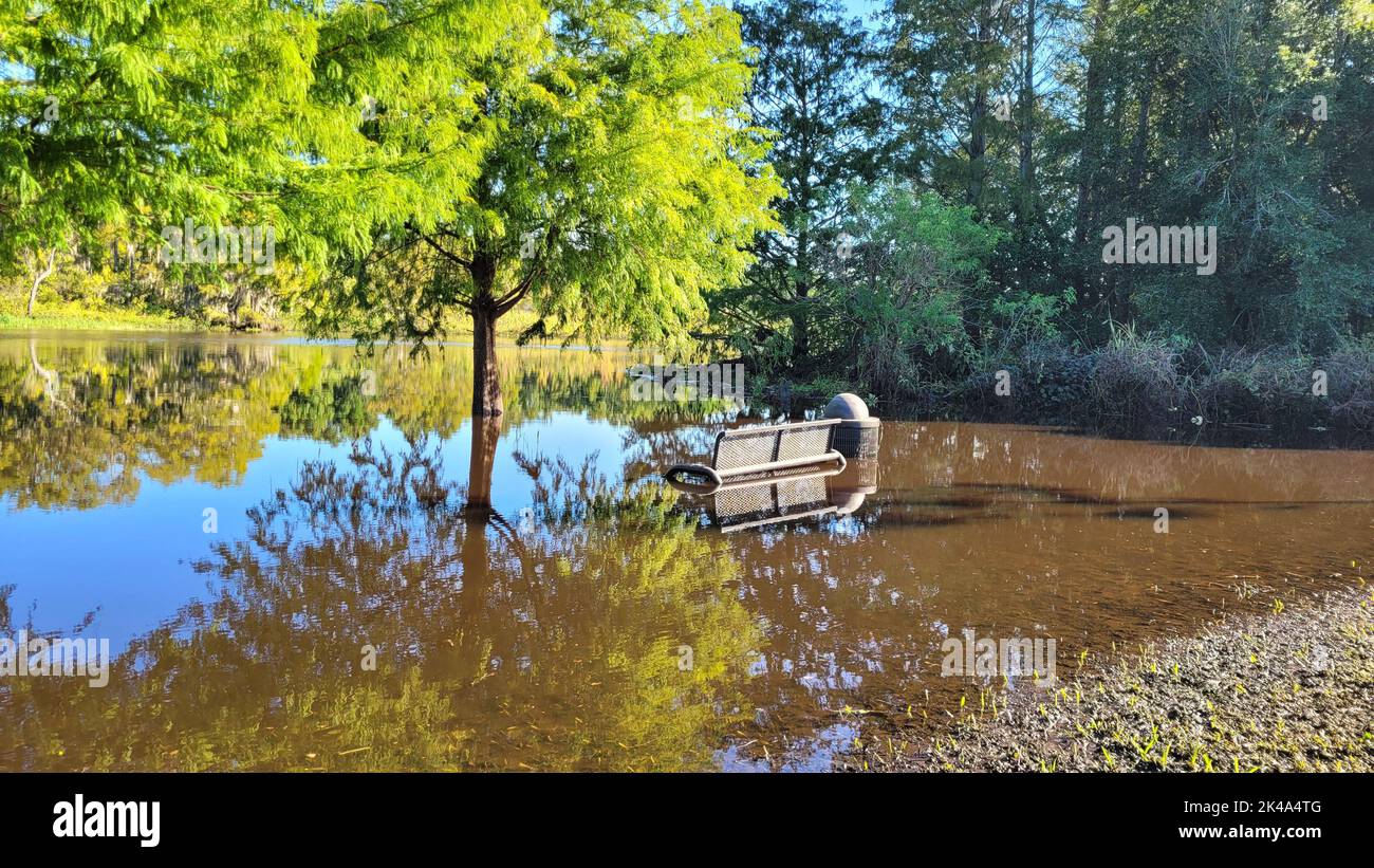 Orlando, September 30 2022 - Flooding running along Econ River Blanchard Park covering recreation area Stock Photo