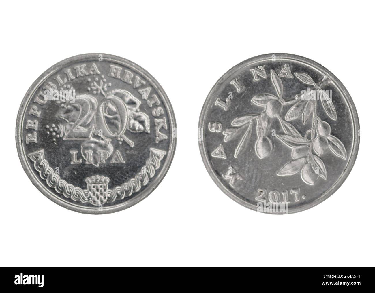 20 Croatian Lipa (KN) coin with both sides on isolated white background Stock Photo