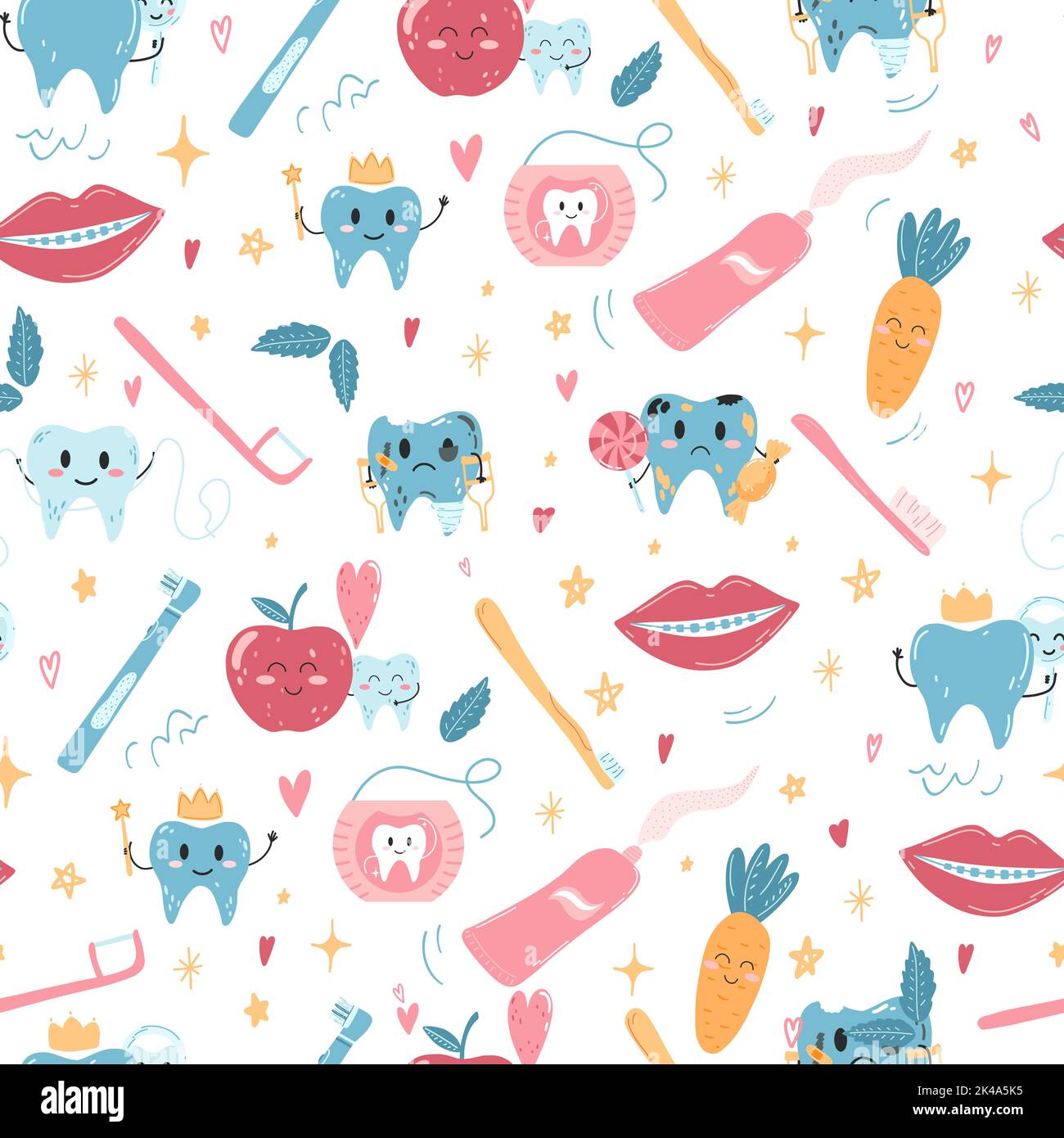 Seamless pattern with hand drawn kawaii teeth characters and oral care products in cartoon flat style. Vector illustration of cartoon children backgro Stock Vector